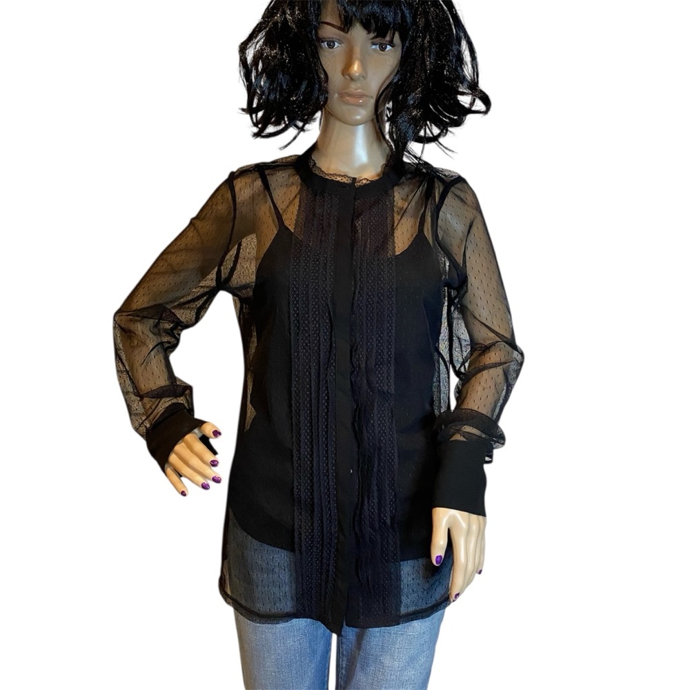 White House Black Market Sheer Tulle Black Top Blouse with Cami Size Medium EUC